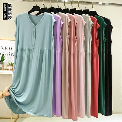 Women Pajamas Dress Summer Plus Size Loose Women's Dress Thin Over-Knee Sleeveless Base Dress V-neck Long Ankle-length Casual Dress