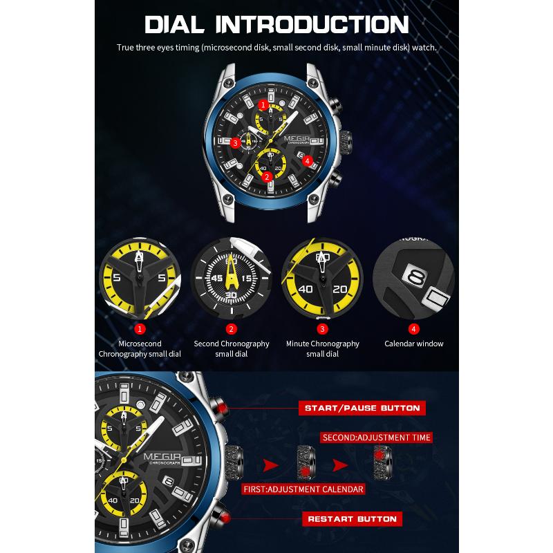Megir Men's Quartz Watch Luxury Silicone Band 3ATM Water Resistant Business Chronograph Mens Sports WristWatches
