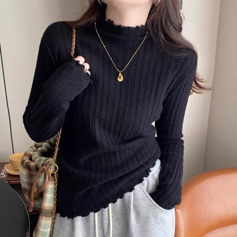 White Base Shirt for Women In Spring and Autumn Paired with A High-end Semi High Neck Sweater with A Black Fungus Edge Knit Top