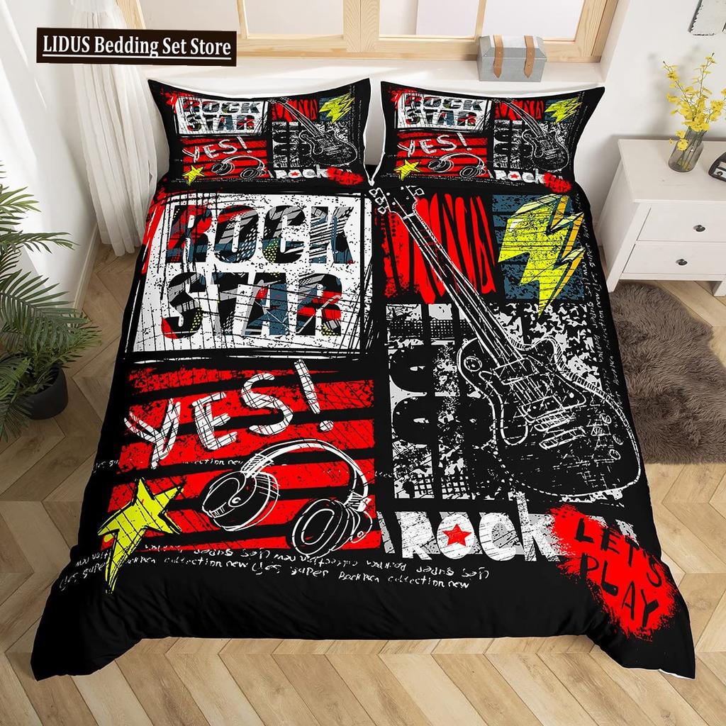 Zestaw poszwy na kołdrę Graffiti dla nastolatków chłopców Hip Hop Art Zestaw poszwy na kołdrę Muzyka rockowa Sportowy zestaw pościeli Zestaw poszwy na kołdrę Rozmiar Queen