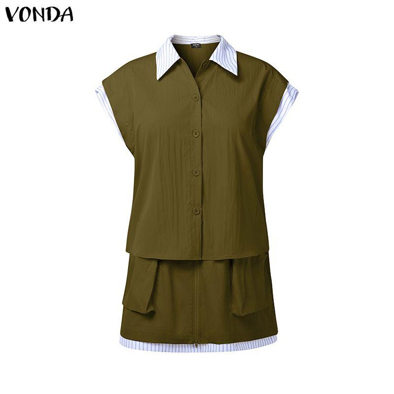 

VONDA Женские комплекты Блузка с коротким рукавом и короткая юбка Летние костюмы-двойки 5XL армия зеленый