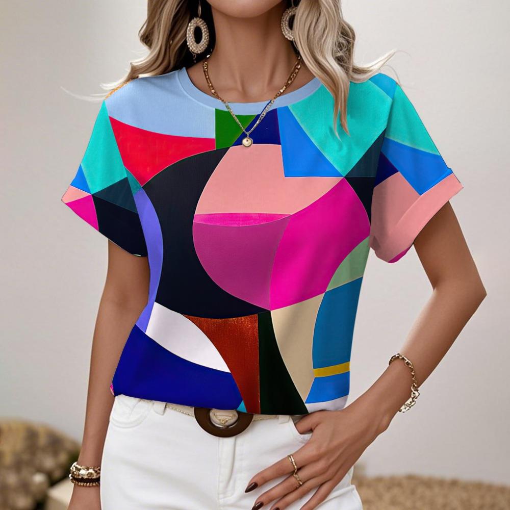 Women's Round Neck T-shirt Summer Outdoor Fashion Short-sleeved Tops Oversize Loose Ladies Clothing Flower Printing Trend Style