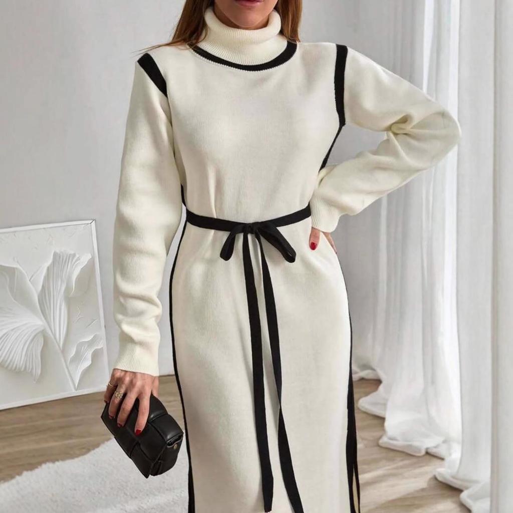 European & American Women's High-Neck Knitted Dress, Fall 2025 - Waist-Cinching, Long-Sleeve Slit French Style