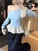 Women's Gray Slim-Fit Off-Shoulder Fur Collar Long-Sleeve Top for Autumn/Winter