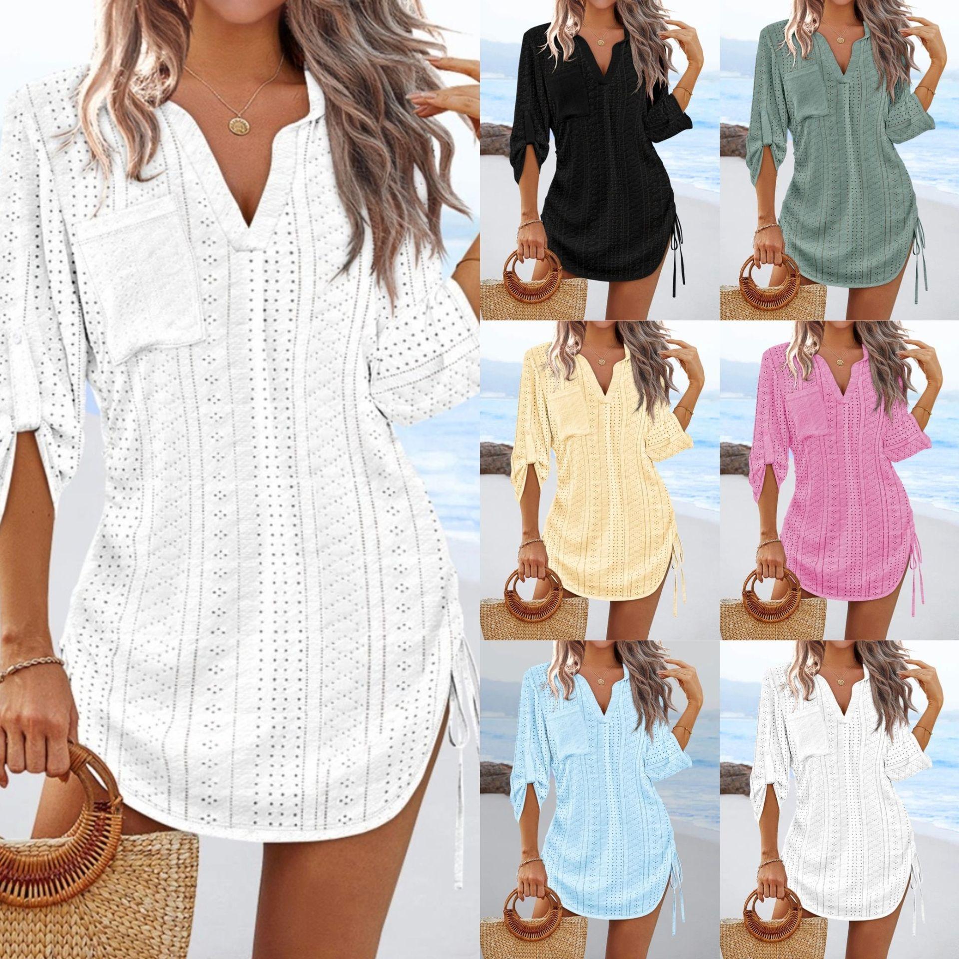 

Drawstring Mini Dresses Spring Summer Hollow Out Fabric Long Sleeve Beach Dress Casual Vacation Short Dress 2XL зелений