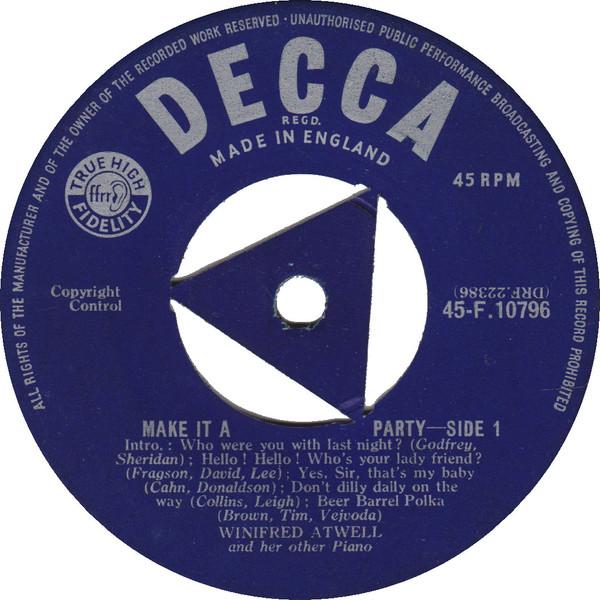 

7-дюймовая пластинка WINIFRED ATWELL Make It A Party 45F10796 DECCA 1956 UK Джаз Б/у