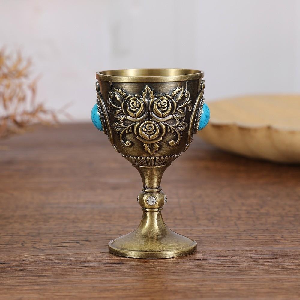 Flower Embossed Rose Chalice Goblet Zinc Alloy European Style Synthetic Turquoise Wine Cup Medieval Rhinestone