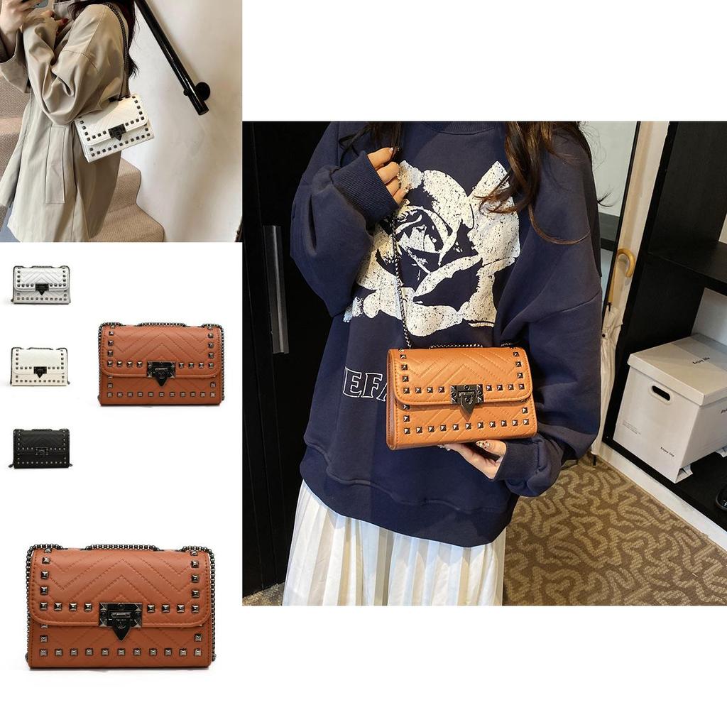 Elegant Urban Minimalist Pu Leather Small Square Bag With Studs And Chain For Fashionable Women