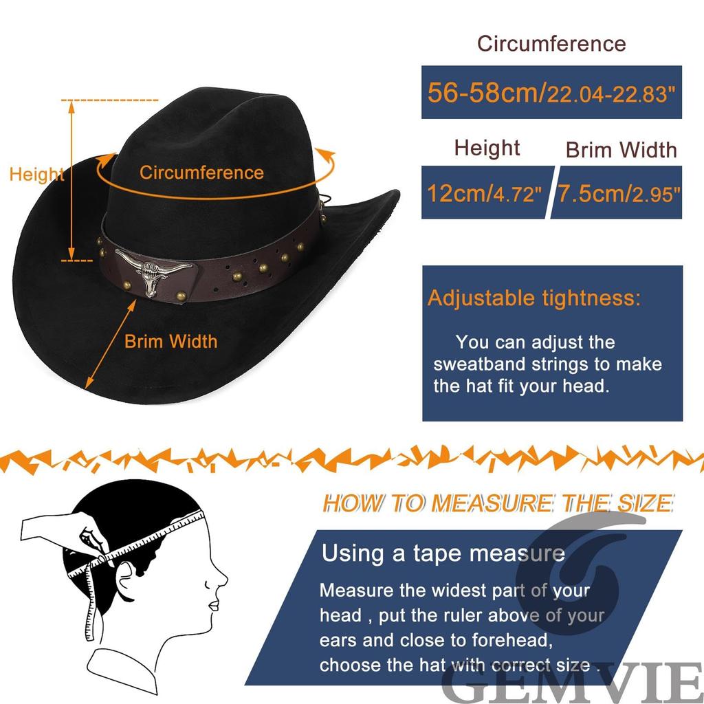 GEMVIE Western Hat with Belt Wide Slimming Ten Gallon Western Actress Hat Black Men's Accessory, Brim, Cowboy/Cowgirl Style, Unisex, Face, Hat, Hat,