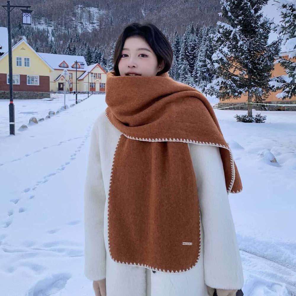 Solid Color Lock Edge Winter Scarf Soft Women Warmer Scarf Long Thickened Neckscarf  Christmas