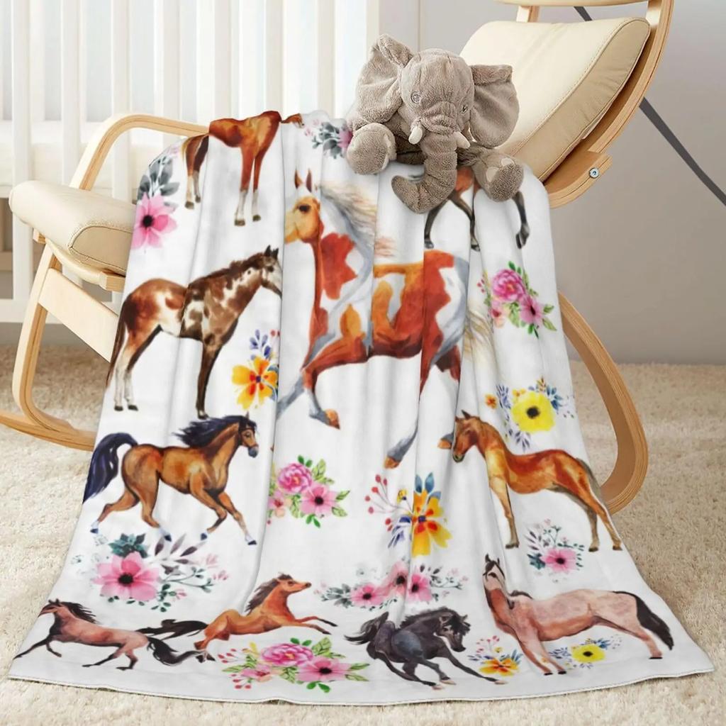 Girls Horse Blanket Beautiful Animal Horse with Wreath Throw Blanket, Ultra Soft Warm Sofa Bedding Living Room Flannel Blankets