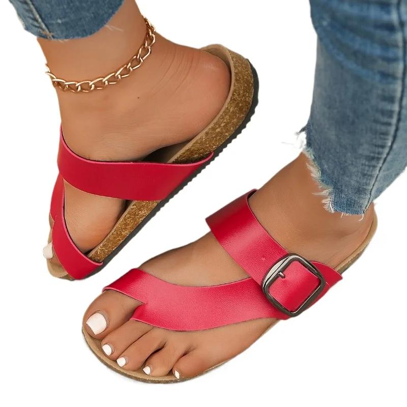 Fashion 2024 Hot Sale Shoes for Women Buckle Women's Slippers Summer Solid Outdoor Casual Beach Flat Comfortable Large Size Slippers