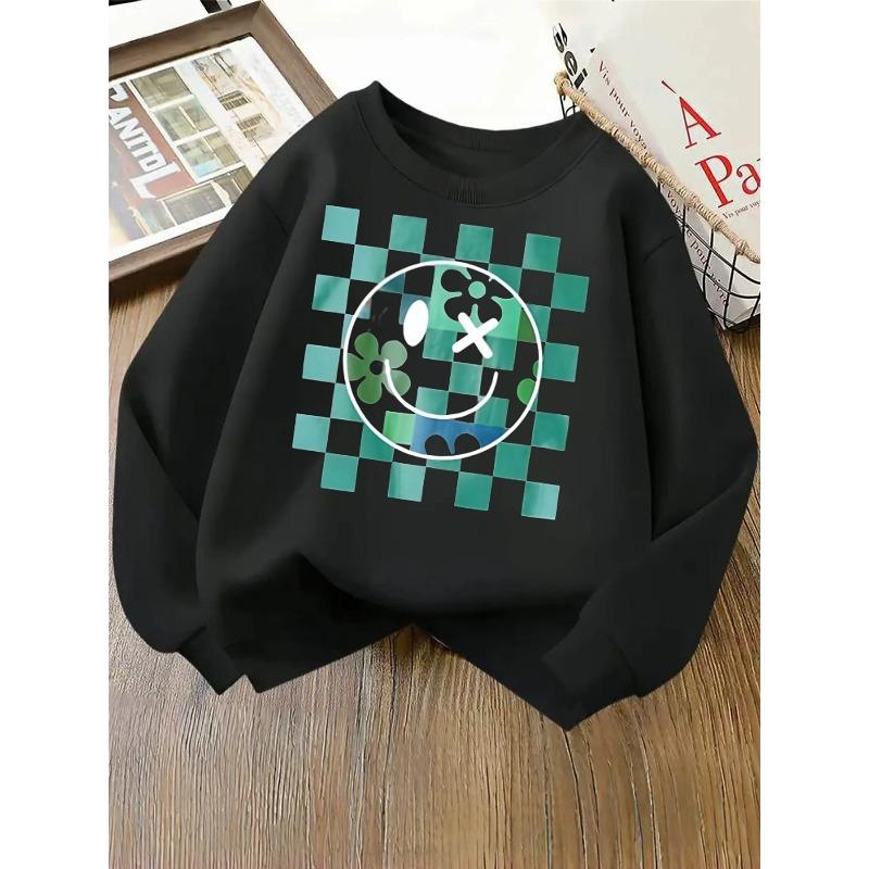 Kids Sweatshirt Pink Checkered Flower Design Girls' Fashionable crewneck sweatshirt, autumn and winter Western style top, children's long sleeved
