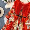 Rochie maxi de vacanță cu pliuri superbe de toamnă cu imprimeu de flori pentru femei, guler rotund, mânecă lanternă, centură înaltă elastică, haine lungi