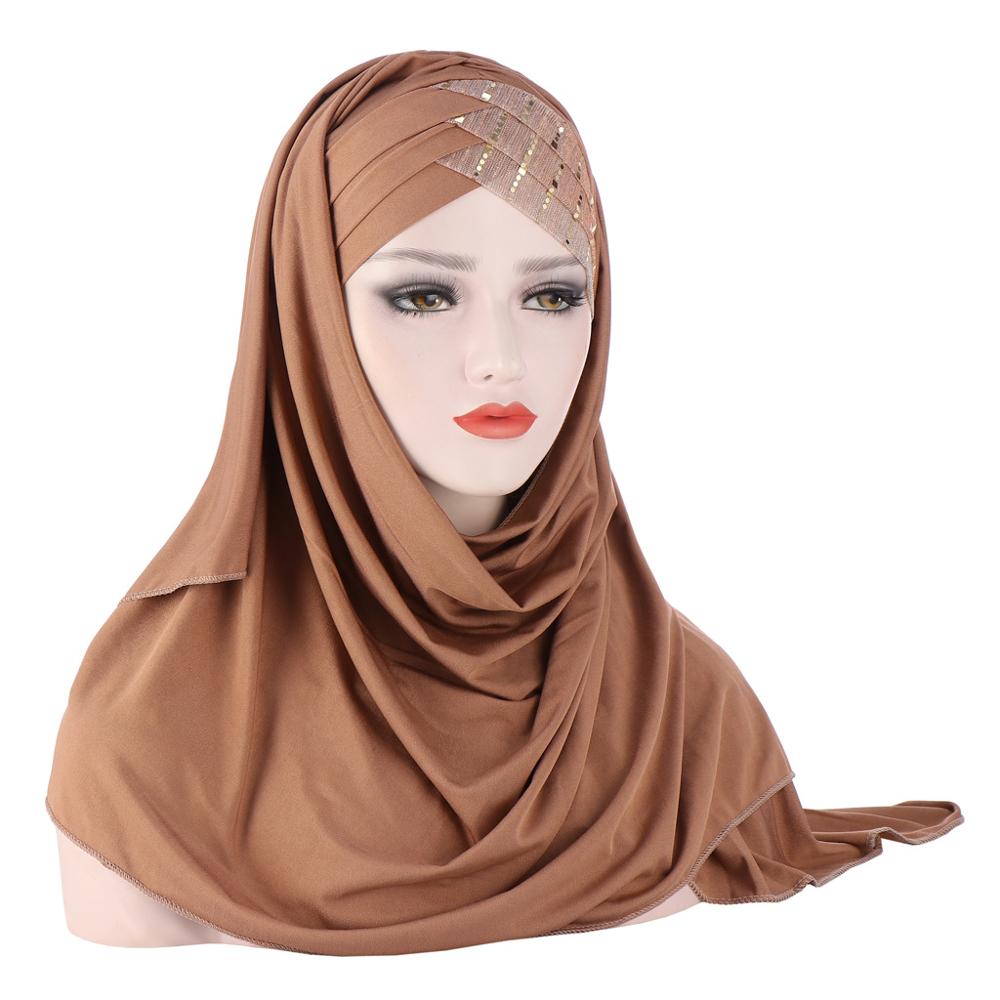 

New Sequins Glitter Forehead Cross Muslim Hijab Scarf Ready To Wear Turban Hijabs Islamic Women Headscarf Female Head Wraps