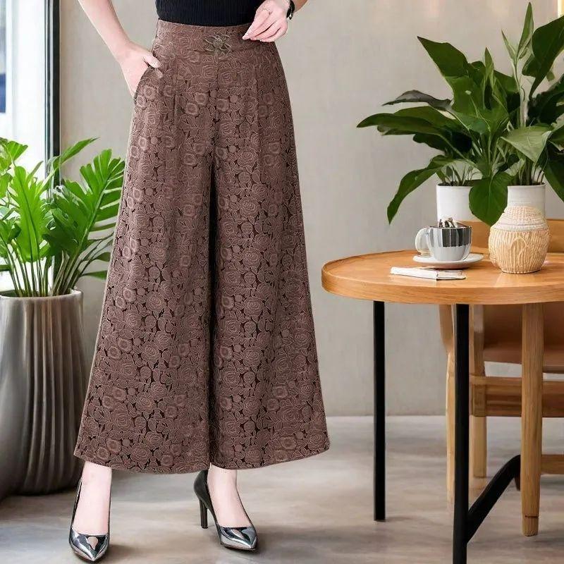 

Summer Women s High-Waisted Wide-Leg Pants: Slimming, Elastic Waist, Draped Casual Wear for Mid-Aged Fashion 2XL зелений