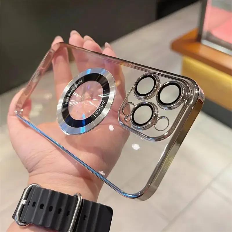 Luxury Logo Window Magnet Wireless Charger Plating Clear Case For iPhone 16 15 14 13 12 11 Pro Max Plus Back Cover For Magsafe