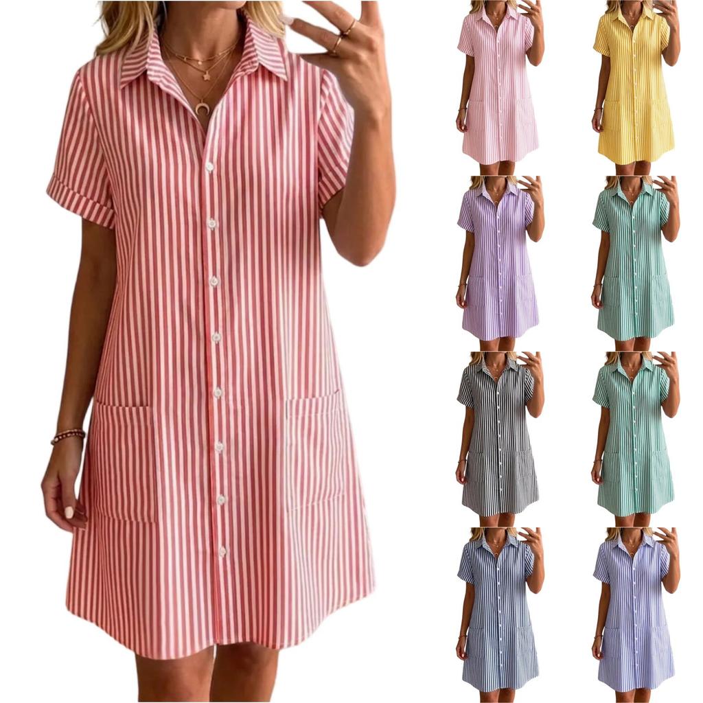 Women's Loose Fit Plus Size Striped Short Sleeve Shirt Dress Casual Mid Length Button Down Dress with Pockets Summer Style