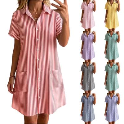 Women's Loose Fit Plus Size Striped Short Sleeve Shirt Dress Casual Mid Length Button Down Dress with Pockets Summer Style