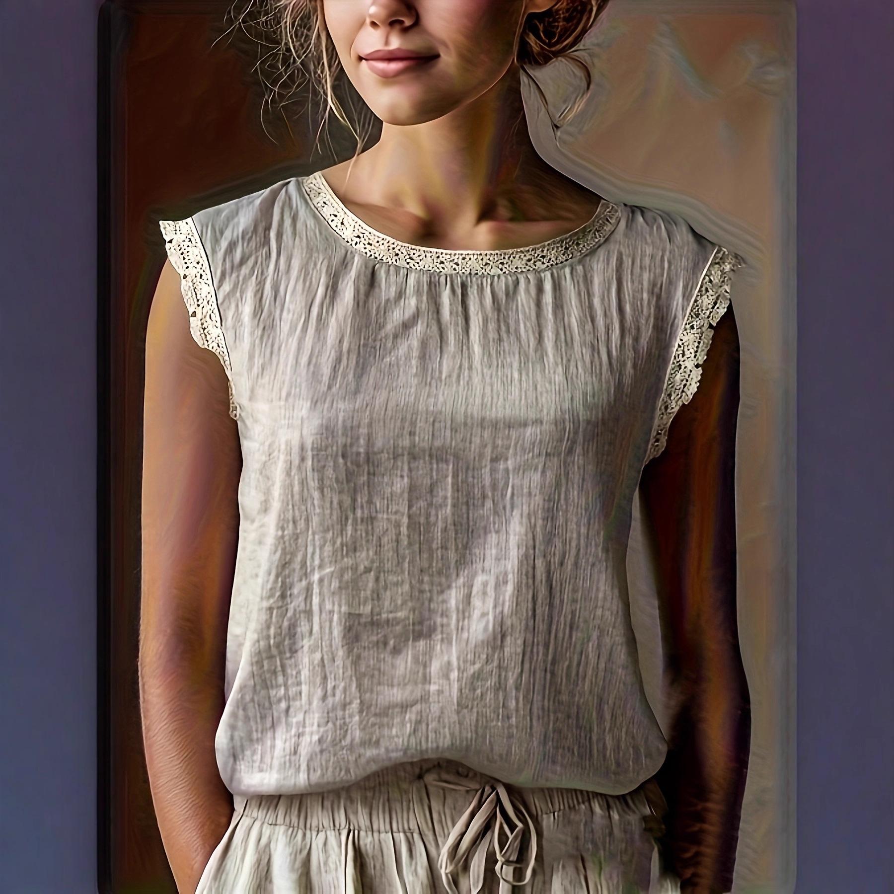 

Ретро летний топ без рукавов из смесовой льняной ткани с кружевной аппликацией, стройнящий Small хаки