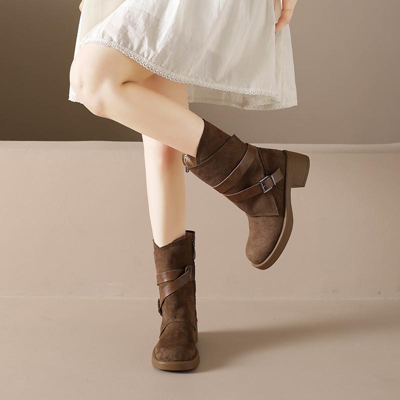 Fashion Retro Single Boot Fall New Round Toe Side Zip Metal Buckle Suede Platform Non-Slip Block Heels
