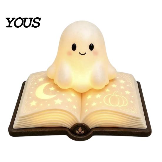 Lâmpada de Mesa Figurine Fantasma Livro Mágico Luz Noturna, Resina de Mesa Brilho Quente com Lua Luz Fofa Estrela em Relevo, Mesinha de Cabeceira para Dormir para Crianças