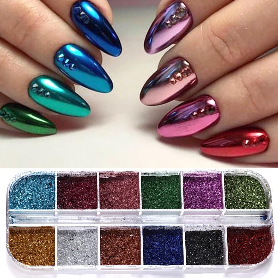 12 Colors Metallic Powder Nail Pigment Holographic Mirror Metal Fine Rubbing On Nail Dust Glitter UV Gel Polish Nail Decoration