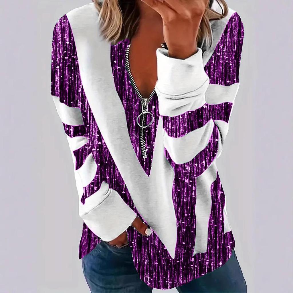2025 Women's Plus Size 3D Stripe Polo Collar Half-Zip Top - Casual & Comfortable Fashion