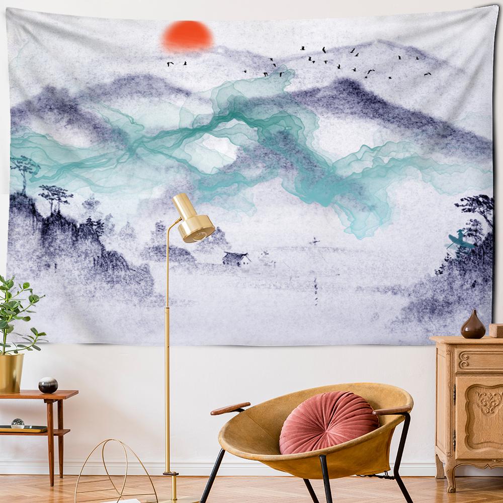 Japansk Kinesisk Sol Landskapsmålning Tapestry Kina Tusch Berg Träd Trädgård Pensel Vägghängning Röd Sol Tapestry Heminredning