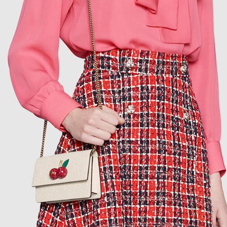 Gucci GG Marmont Chain Wallet Cherry Charm Ivory Leather 481291-0G6ET-8597