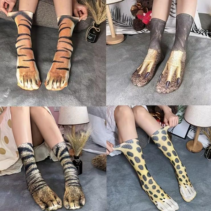 Unisex Adult 3D Print Animal Paw Socks Creative Funny Cat Dog Dinosaur Tiger Paw Socks Novelty Mid Tube Sockings Christmas Gifts
