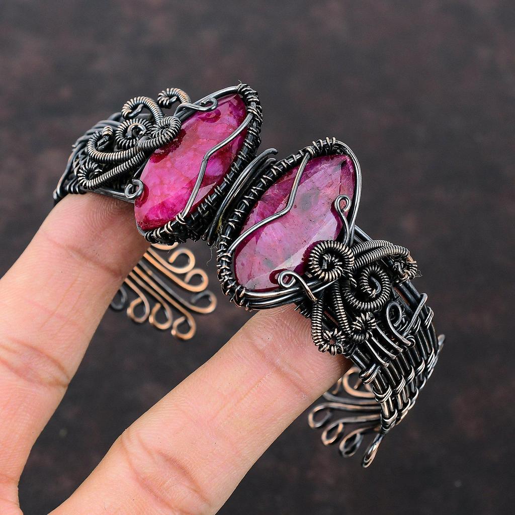 Faceted Kashmir Ruby Bangle Copper Wire Wrapped Cuff Bracelet Adjustable Bangle Handmade Gemstone Cuff Copper Wire Jewelry Anniversary Gifts