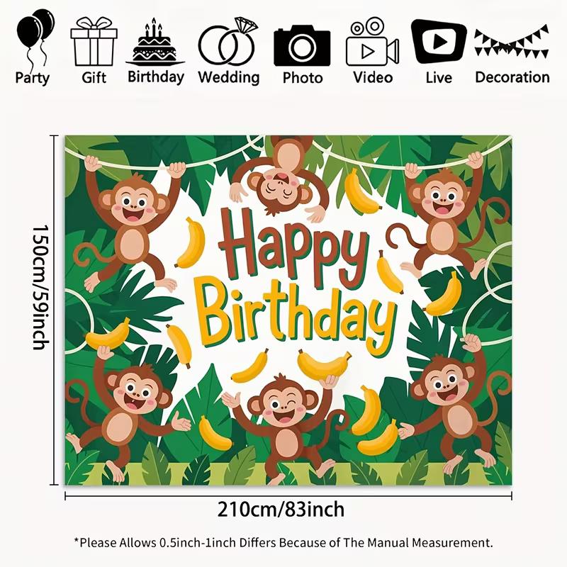 2D Cartoon Monkey Banana Birthday Backdrop Tropical Jungle Background for Children
