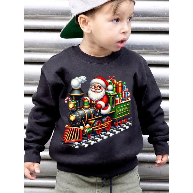 Christmas Boys' Autumn Winter Fashion Fleece Round Neck Pullover Sweater with Cartoon Pattern And Gift-Giving Santa