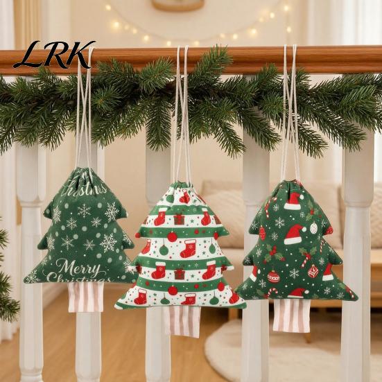 Flannel Christmas Decorations Tree Shaped Drawstring Gift Bags, Xmas Hanging Treat Sacks, Seasonal Home Decor Holiday Candy Small Storage Pouches for