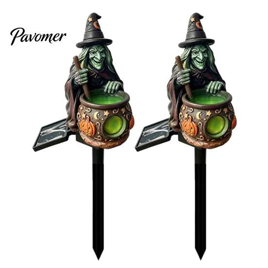 Whimsical Witch Hat Figurine Solar Cauldron Garden Stake Light, Resin Halloween Glowing Pathway Unique Pumpkin Pattern Decor Lamp, Waterproof Outdoor