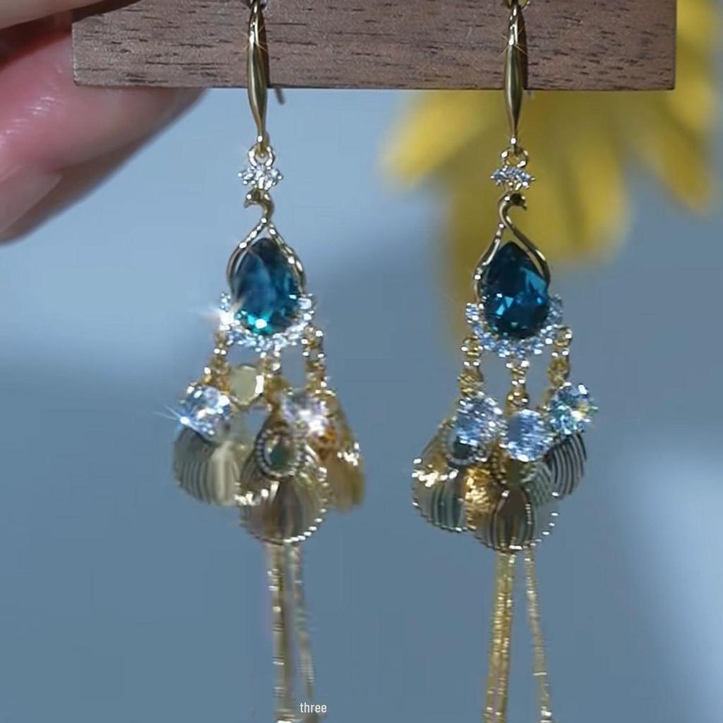 Elegant Blue Diamond Peacock Tassel Earrings - Fashionable, High-End, Unique Design, Versatile