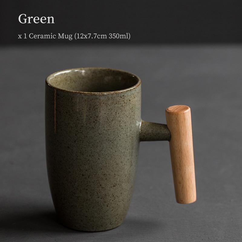 

Керамическая кружка 350 мл, винтажная деревянная ручка, ручная работа, японский стиль, офисная кофейная чашка зелёный
