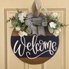Front Door Welcome Sign Farmhouse Rustic Round Wooden Bowknot Letter Welcome Wreath All Seasons Indoor Outdoor Porch Door Hanger Wall Hanging