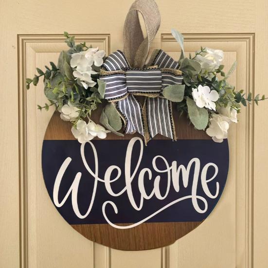 Front Door Welcome Sign Farmhouse Rustic Round Wooden Bowknot Letter Welcome Wreath All Seasons Indoor Outdoor Porch Door Hanger Wall Hanging