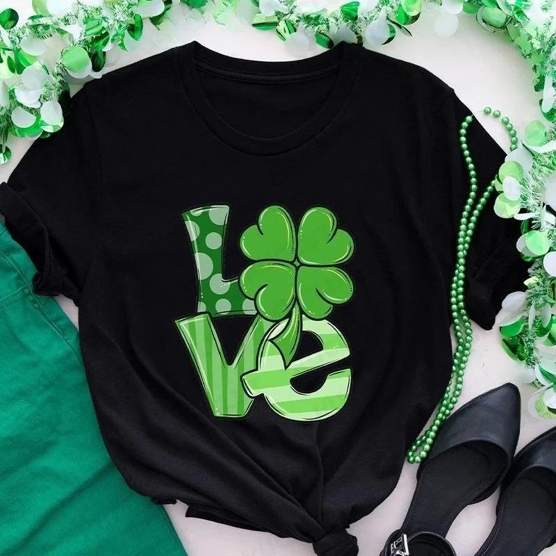 

Cute St Patricks Four Leaf Clover T Shirt for Women Short Sleeve Tees New Fashion Love Lucky Graphic Y2k Tops Aesthetic Clothing 4XL