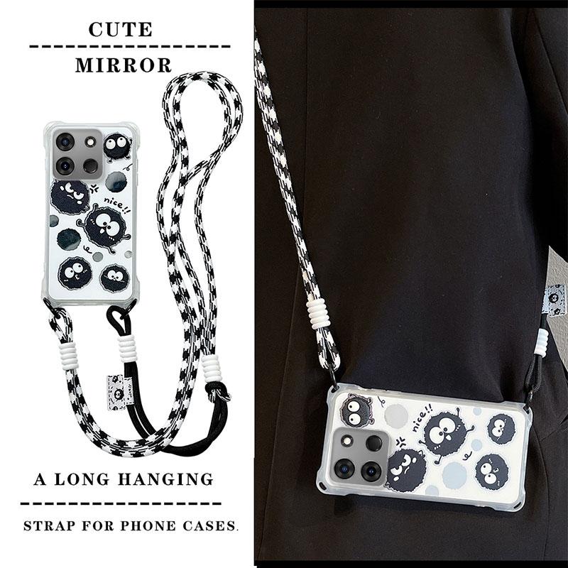 KEYSION Crossbody Strap Phone Case for TECNO Spark Go 2023 Pop 7 Pro Cute Cartoon Long Lanyard Mirror Shockproof Cover for Infinix Smart 7