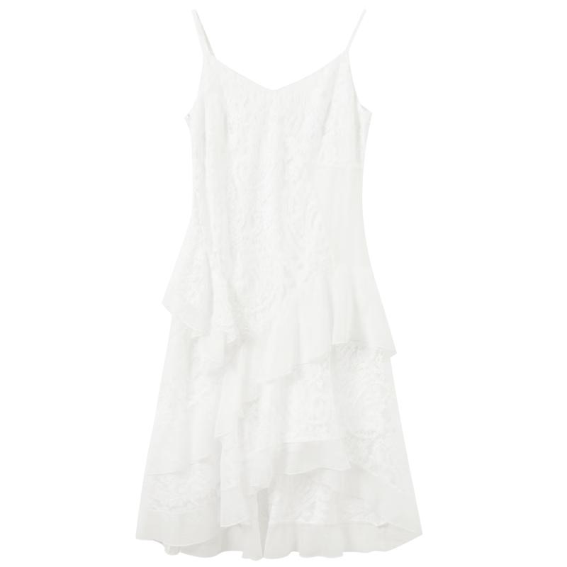 Lace Spaghetti Strap Ruffled A-Line Midi Dress S