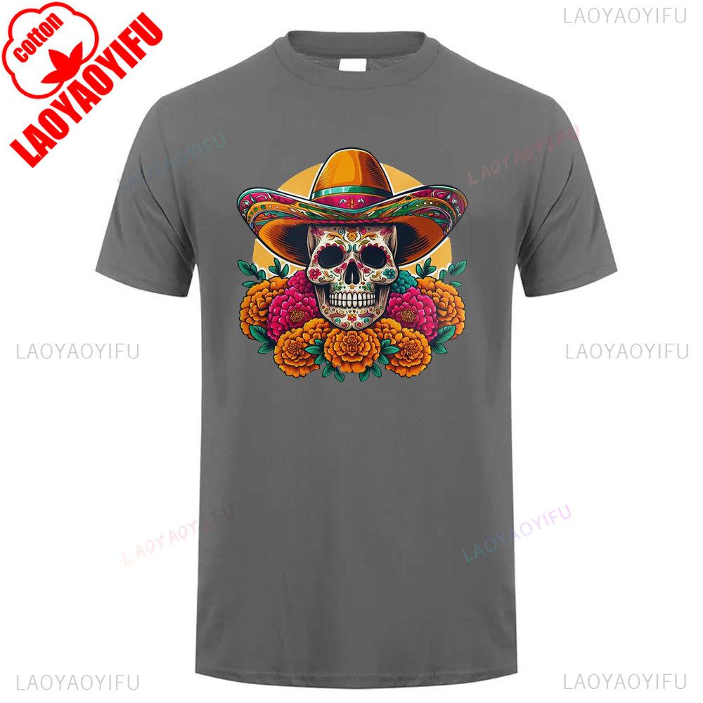 Mexican Skull Pattern Cotton Summer Tee Unisex Short Sleeve Round Neck Retro Style Graphic Shortsleeved Launched Casual Tshirt