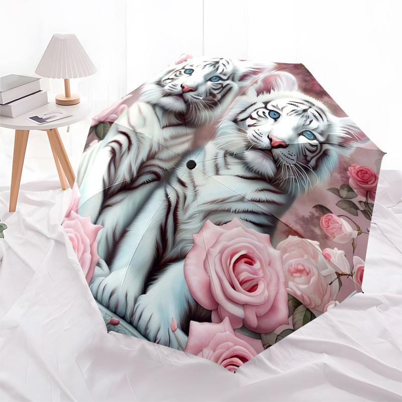 1pc White Tiger Roses Floral Artwork Umbrella with Plastic Handle,Suitable for All Seasons Home Travel Outdoor UmbrellaDD038