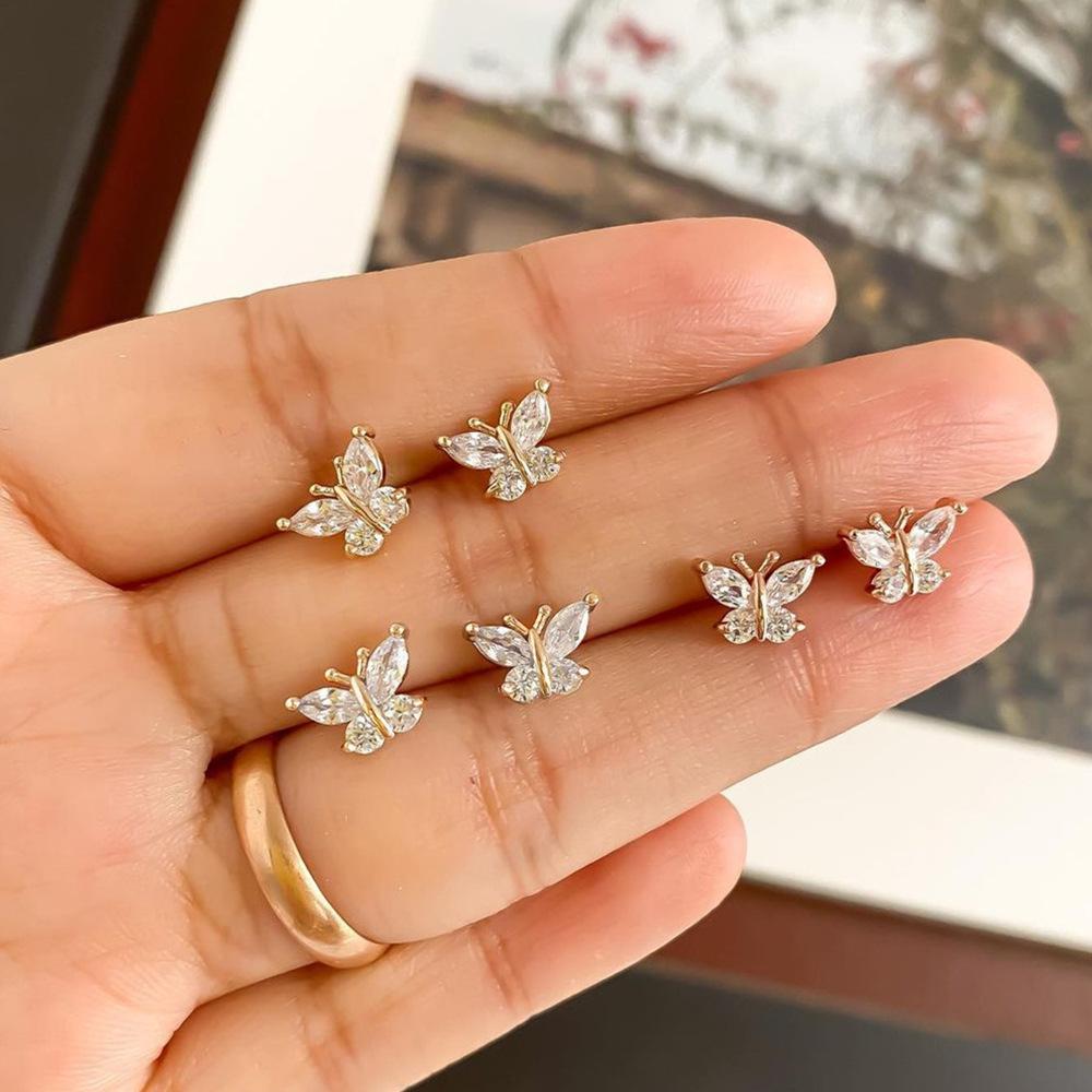 Korean Simple Zircon Small Butterfly Stud Earrings Female Internet Celebrity Style Exquisite Mini Bow Earrings