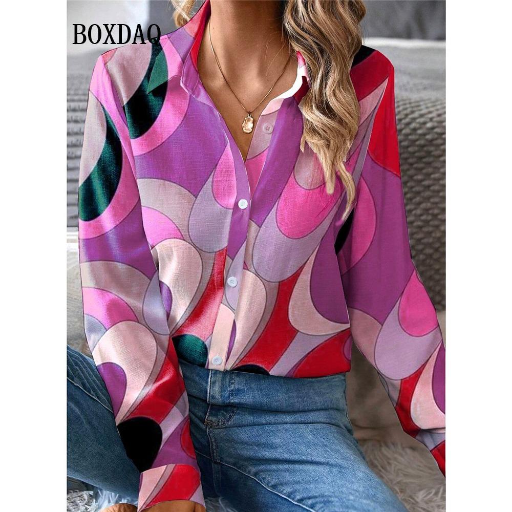 

Autumn Fashion Blouse Women S New Geometry Print Long Sleeve Lapel Shirts Casual Button Ladies Tops Elegant Female Clothes XL