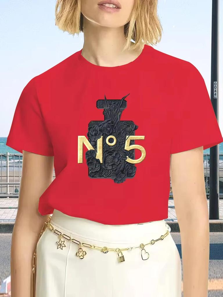 Luksusowa Marka Moda Czarny Perfumy Surrey Nadruk Okrągły Dekolt Odzież Krótki Rękaw Letni Damski Trend Y2K Oversize Top