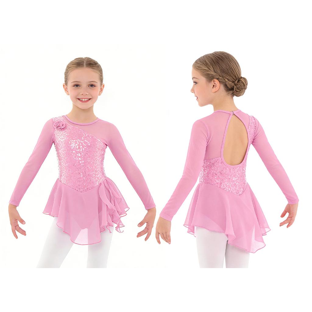 Girls Jazz Dance Bodysuit Rhythmic Gymnastics Stage Wear Sequin Tulle Splice Long Sleeves Cutouts Back Figure Ice Skating Athletic Skirted Leotard