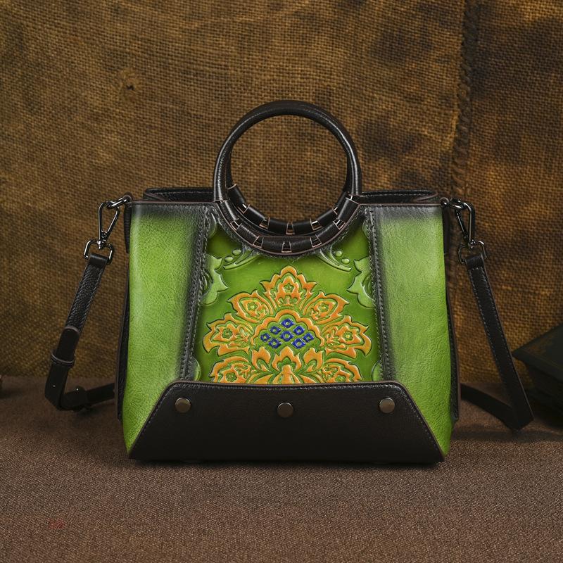 

Johnature Женская сумка из натуральной кожи, ретро-тиснение, сумка с ручкой, большая вместимость, универсальная сумка через плечо зелёный